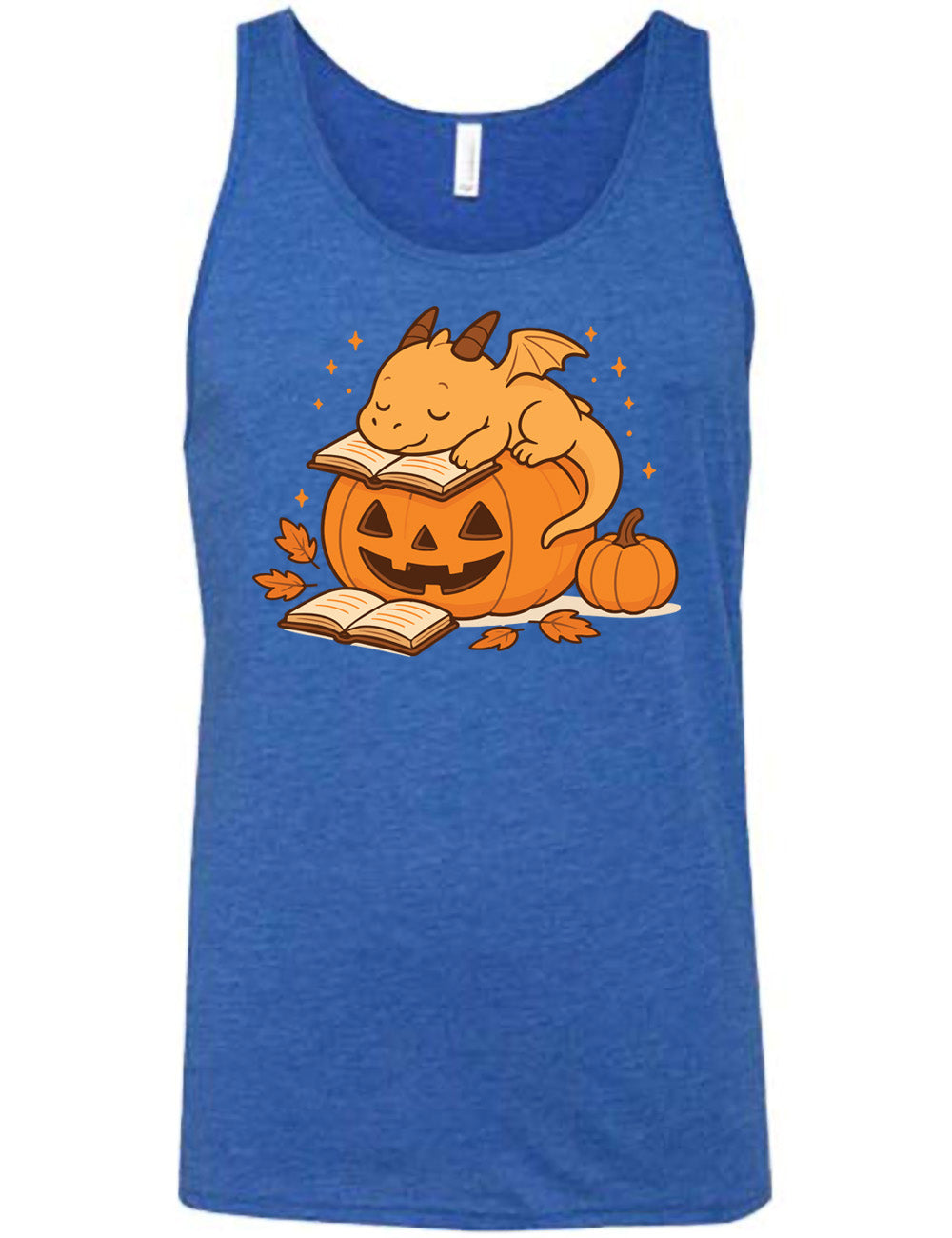 blue unisex tank with the graphic of a cartoon-style dragon sleeping, with its head in its open book, on top of a jack-o-lantern, with another open book and small pumpkin next to all this, and a scattering of stars, and a few leaves