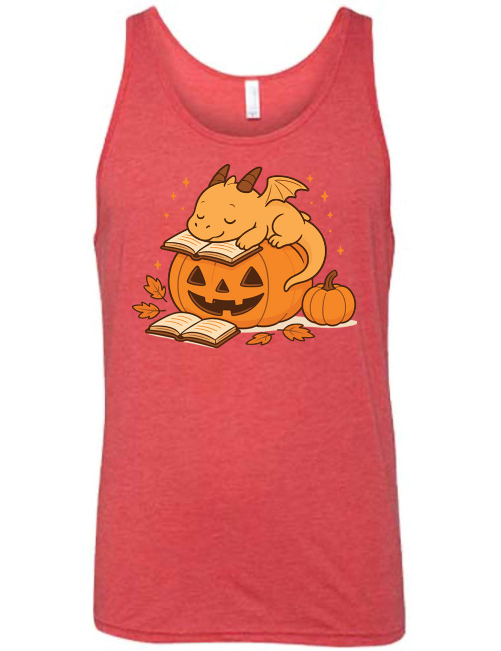 red unisex tank with the graphic of a cartoon-style dragon sleeping, with its head in its open book, on top of a jack-o-lantern, with another open book and small pumpkin next to all this, and a scattering of stars, and a few leaves
