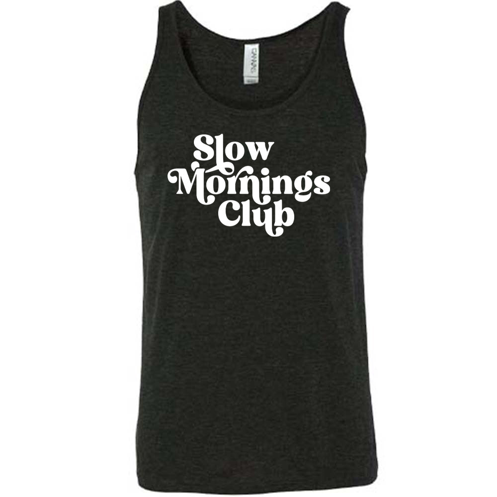 Black colored tank with a graphic on it that says "Slow Mornings Club"