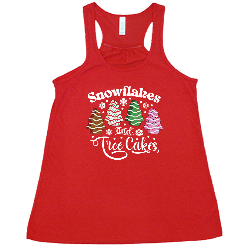 red shirt with Snowflakes & Tree Cakes graphics on it
