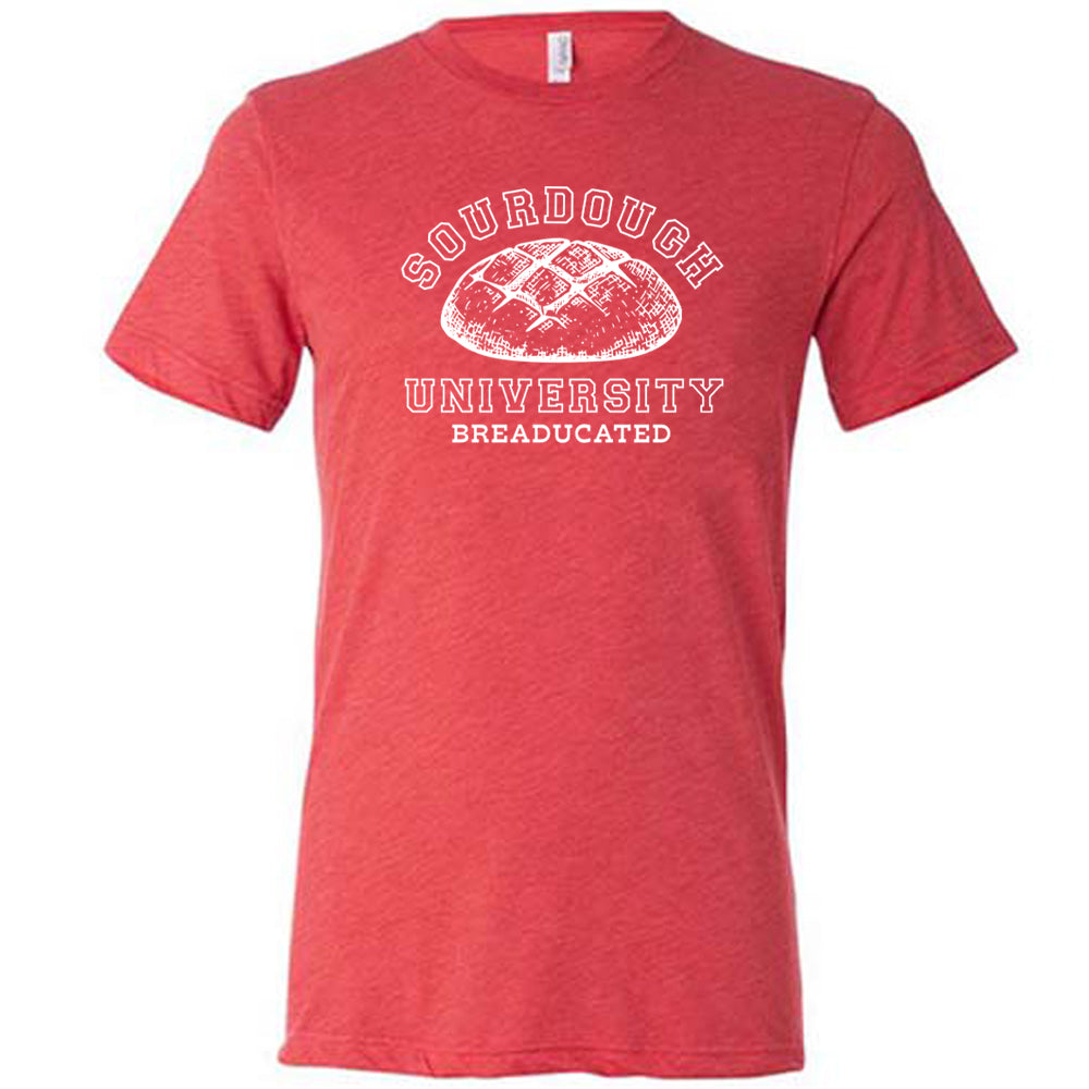 red shirt with a sourdough bread graphic on it