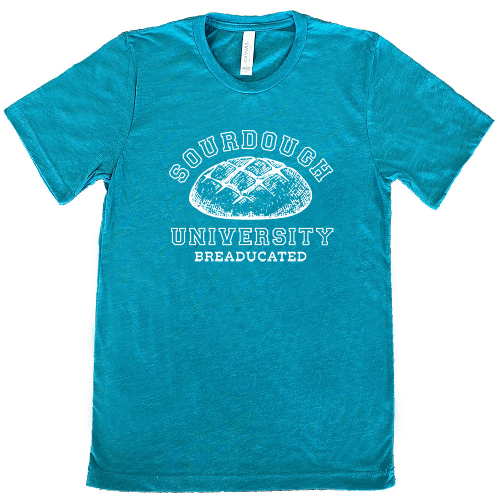 teal shirt with a sourdough bread graphic on it