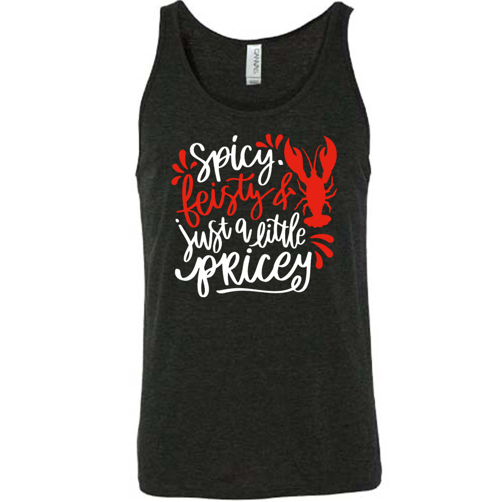 black unisex tank with the words "spicy, feisty & just a little pricey" with the graphic of a lobster