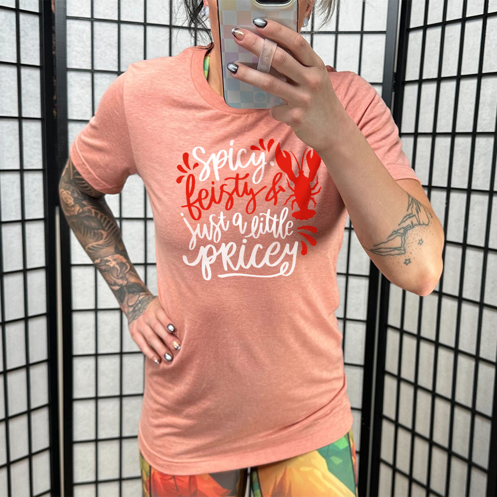sunset unisex tee with the words "spicy, feisty & just a little pricey" with the graphic of a lobster