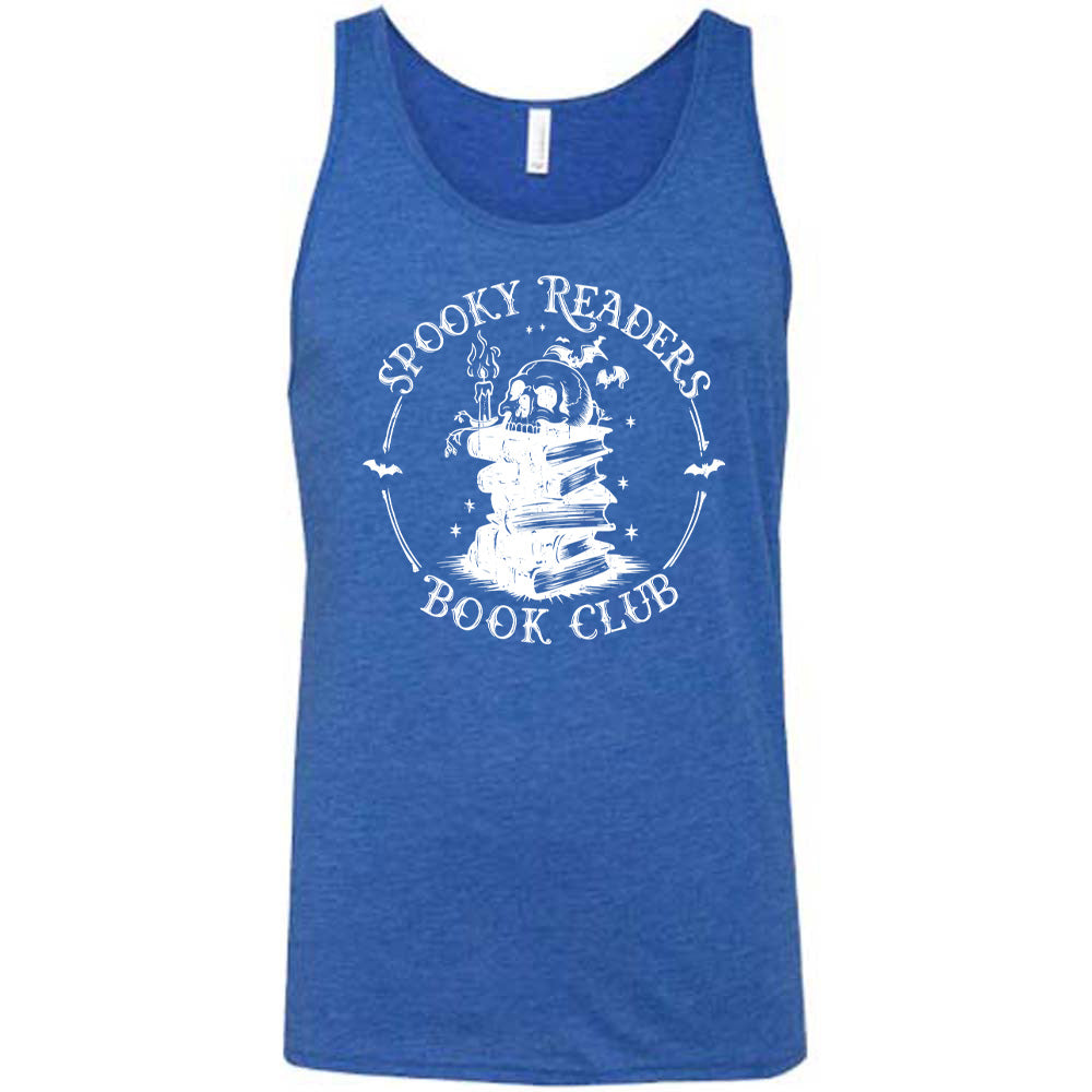 Blue colored tank with skull on a stack of books graphic on it that says "Spooky Readers Book Club"