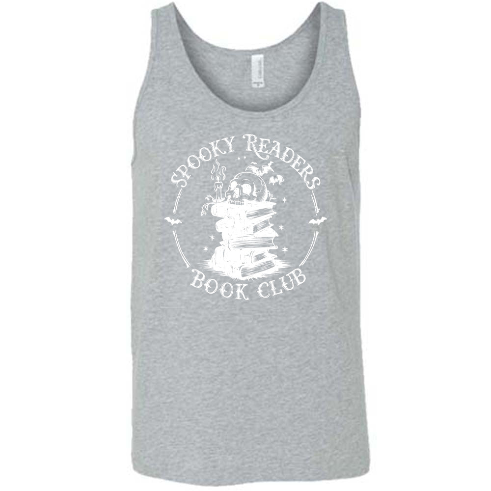 Grey colored tank with skull on a stack of books graphic on it that says "Spooky Readers Book Club"