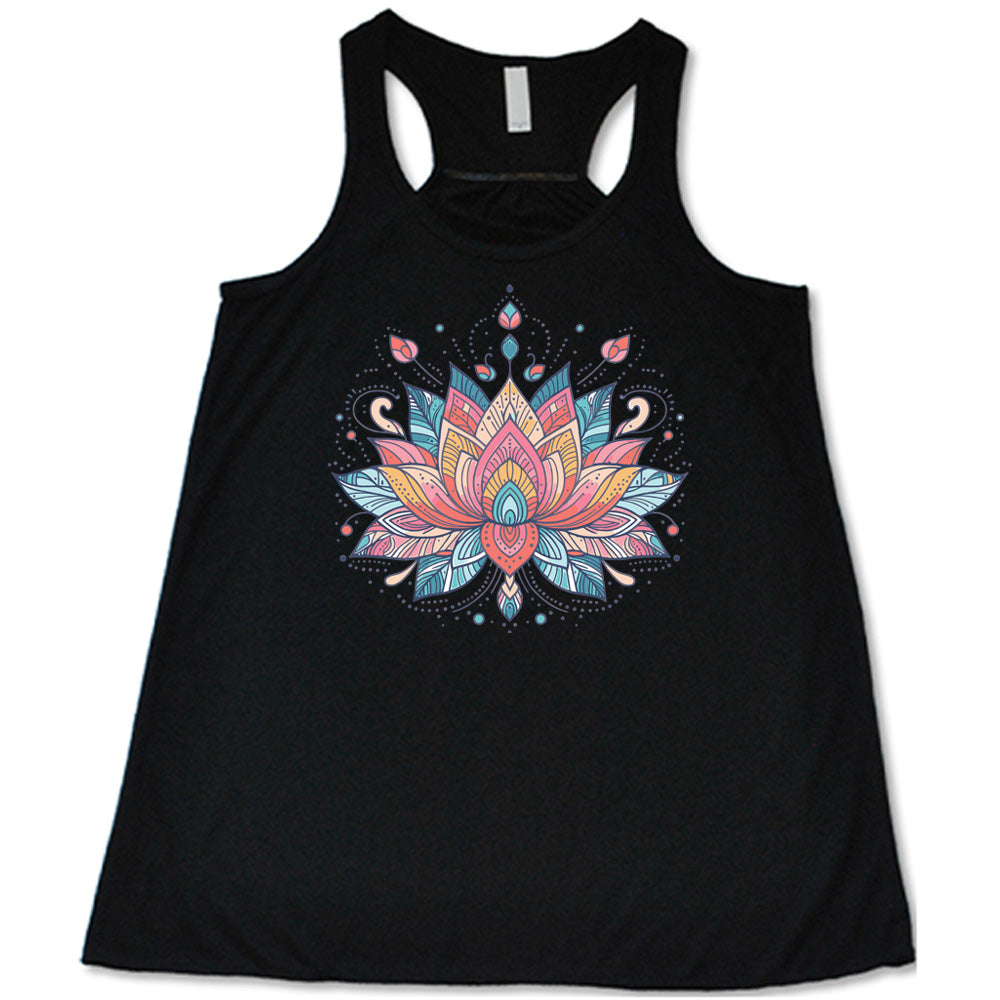 Black flowy tank with the graphic of a colorful, stained-glass-look lotus flower