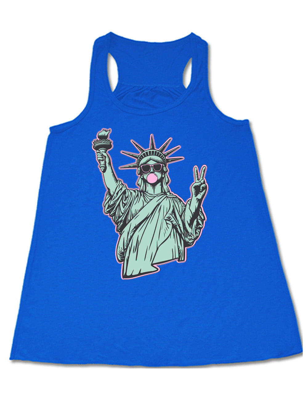 blue flowy racerback tank with the graphic of the statue of liberty, wearing sunglasses, blowing a gum bubble, and giving the peace sign