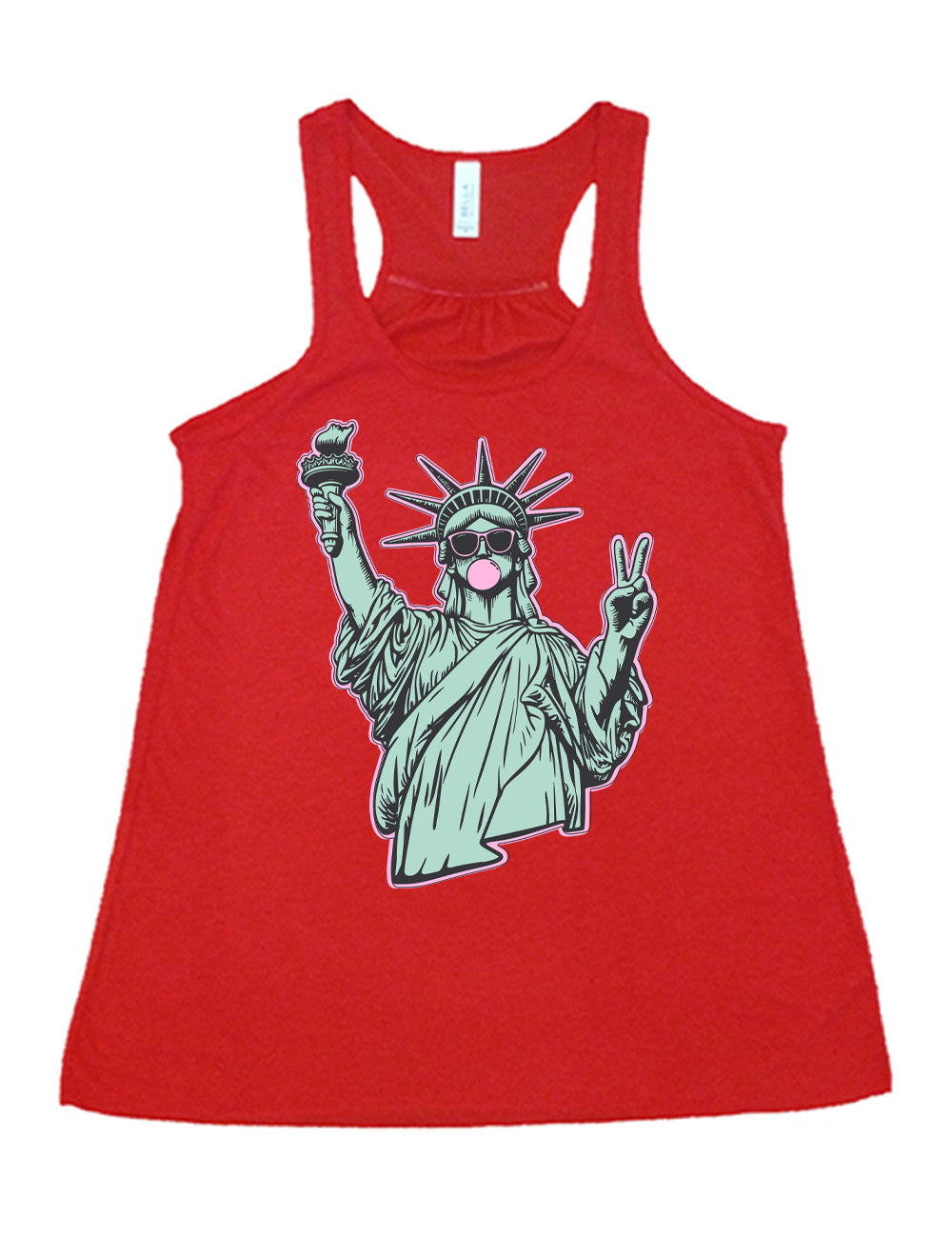 red flowy racerback tank with the graphic of the statue of liberty, wearing sunglasses, blowing a gum bubble, and giving the peace sign