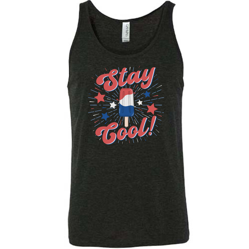 Black colored tank with a red white and blue popsicle graphic on it that says "Stay Cool!"