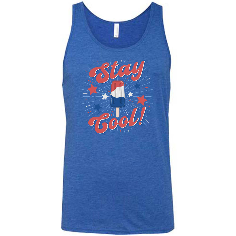 Blue colored tank with a red white and blue popsicle graphic on it that says "Stay Cool!"
