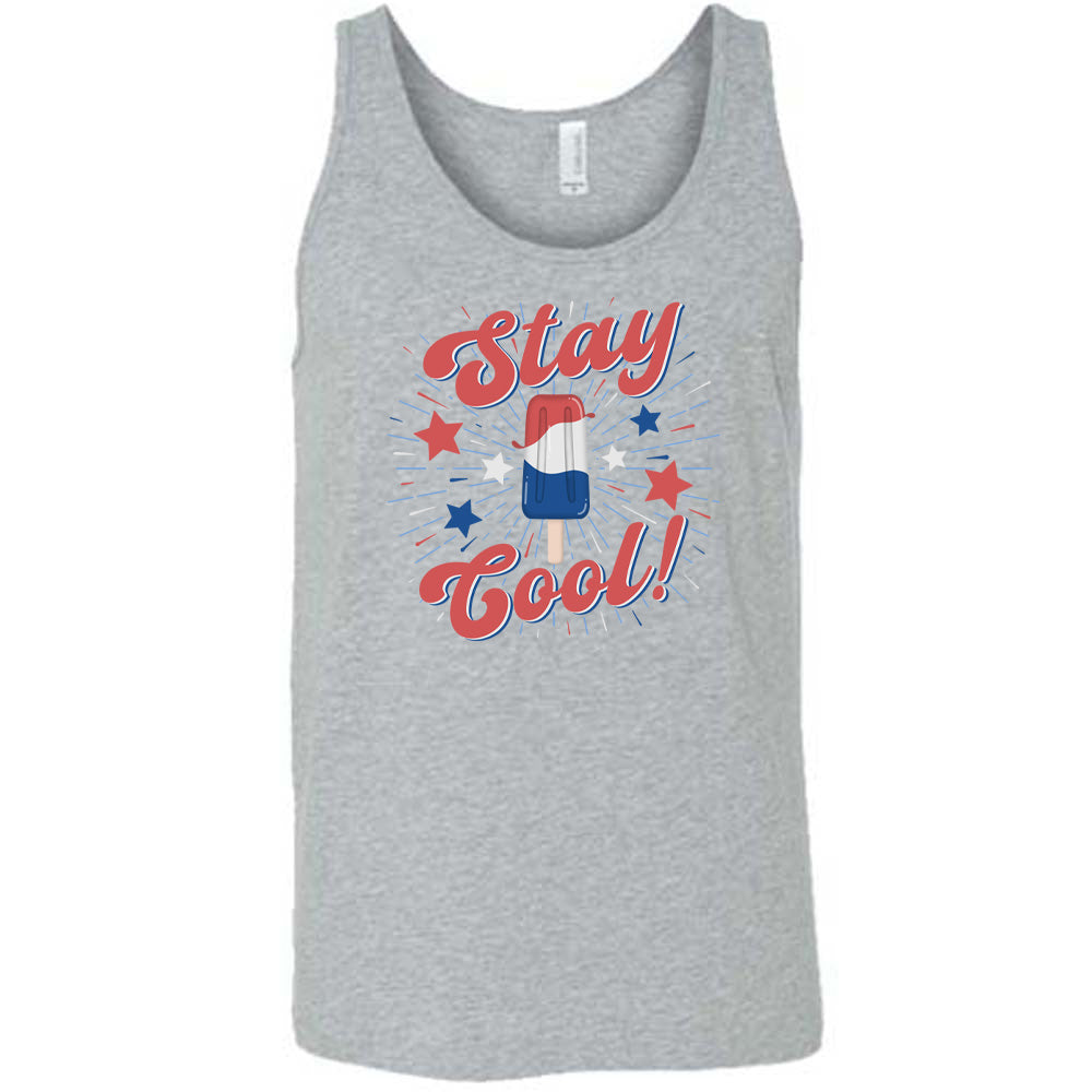Grey colored tank with a red white and blue popsicle graphic on it that says "Stay Cool!"