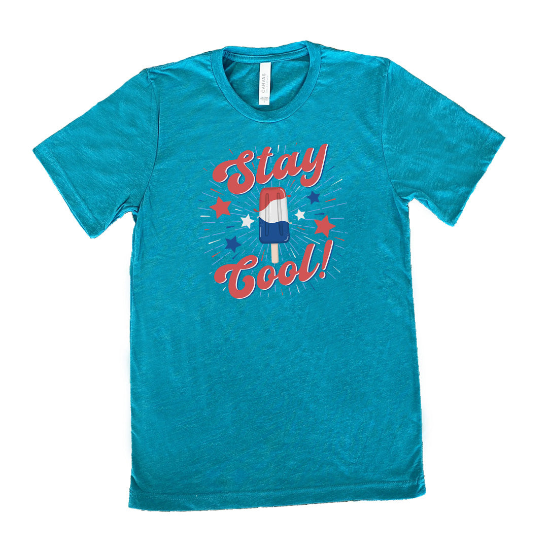 Teal colored shirt with a red white and blue popsicle graphic on it that says "Stay Cool!"