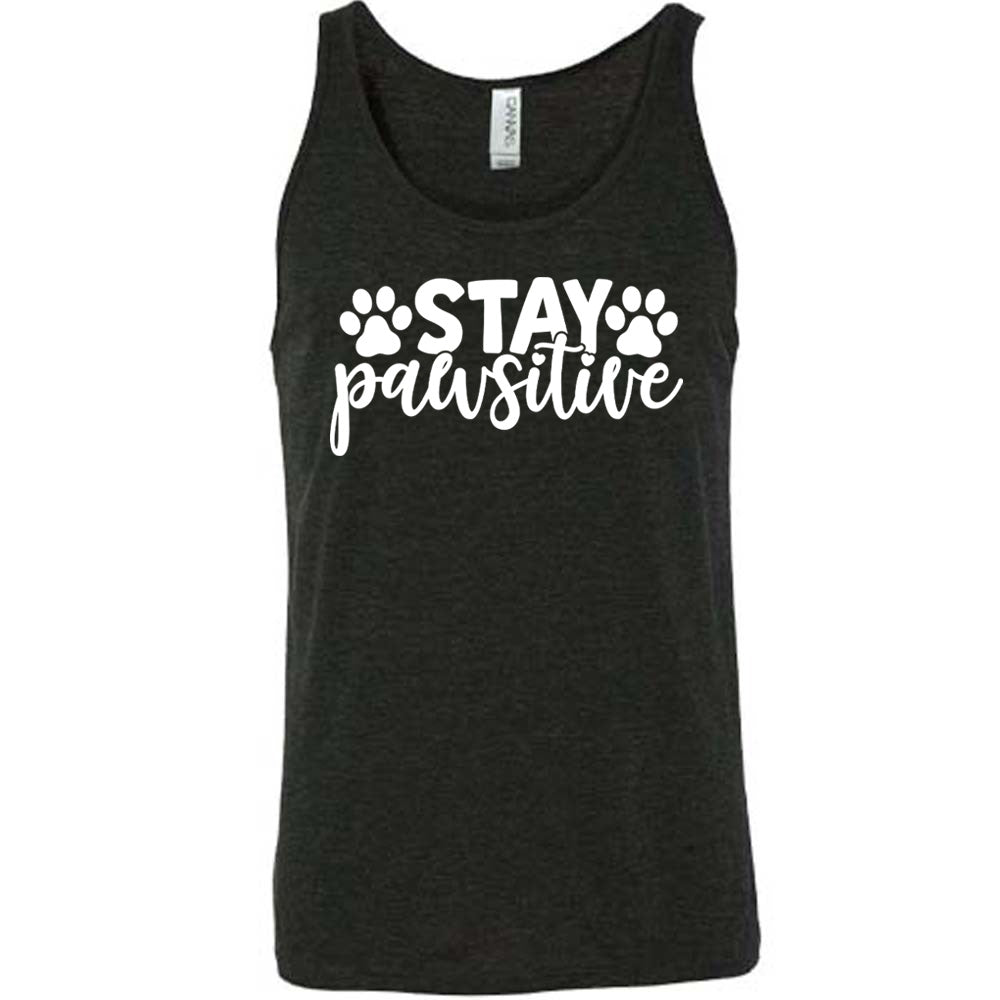 Black colored tank with paw print graphic on it that says "Stay Pawsitive"