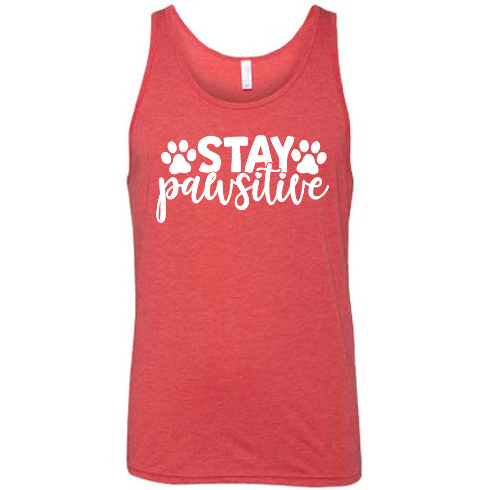 Red colored tank with paw print graphic on it that says "Stay Pawsitive"