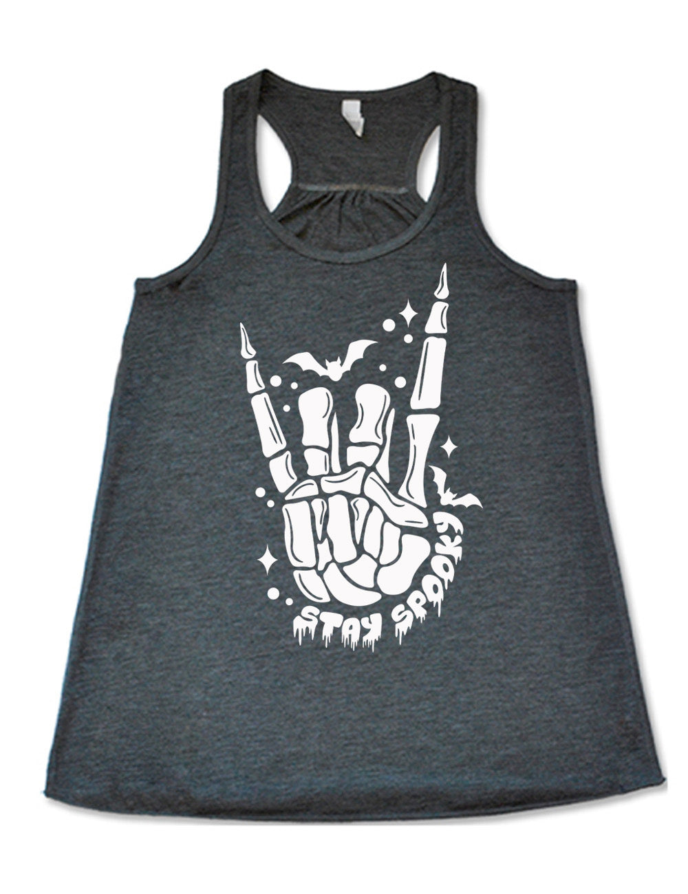 grey flowy racerback tank with the large graphic of a rocker skeletal hand, with two little bats, and few stars and dots, with the words underneath saying "stay spooky"