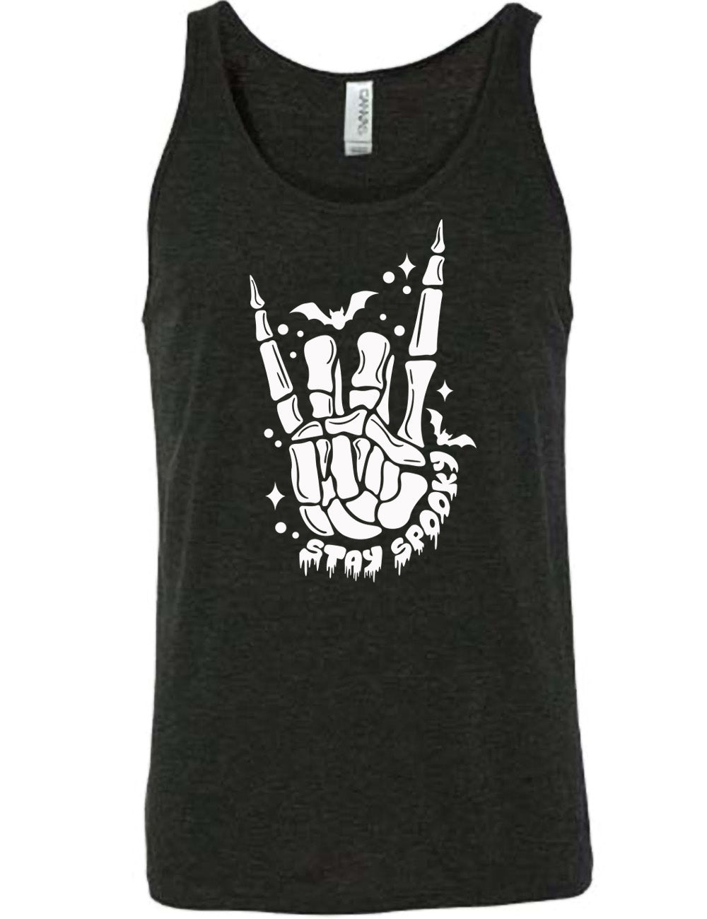 black unisex tank with the large graphic of a rocker skeletal hand, with two little bats, and few stars and dots, with the words underneath saying "stay spooky"