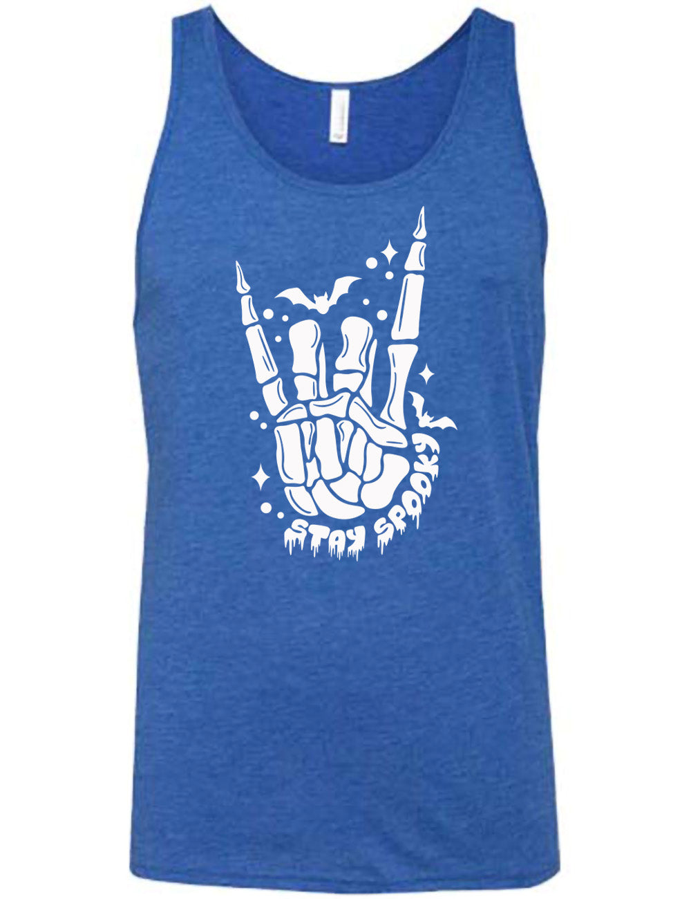 blue unisex tank with the large graphic of a rocker skeletal hand, with two little bats, and few stars and dots, with the words underneath saying "stay spooky"