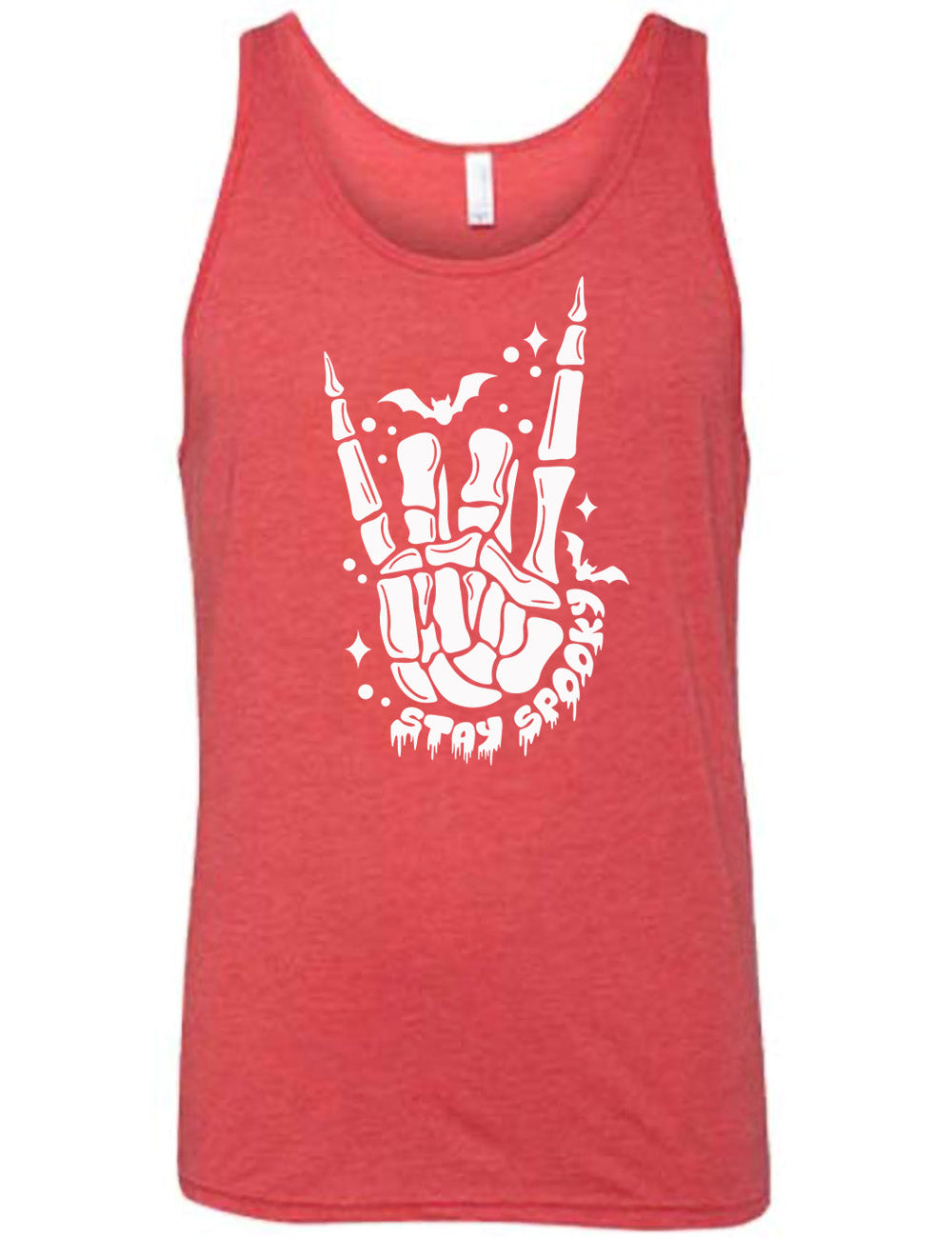 red unisex tank with the large graphic of a rocker skeletal hand, with two little bats, and few stars and dots, with the words underneath saying "stay spooky"