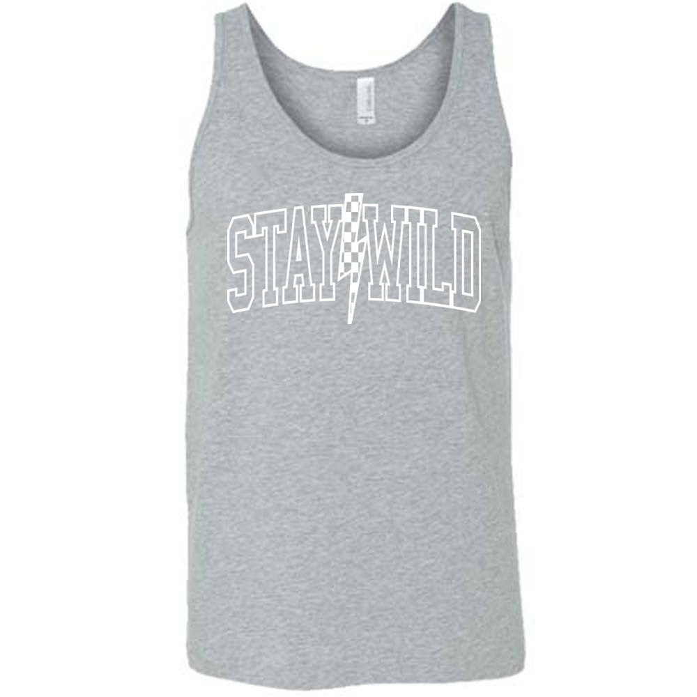 Grey colored tank with a checkered lightning strike graphic on it that says "Stay Wild"