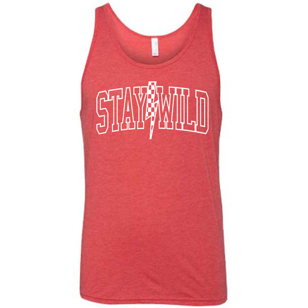 Red colored tank with a checkered lightning strike graphic on it that says "Stay Wild"