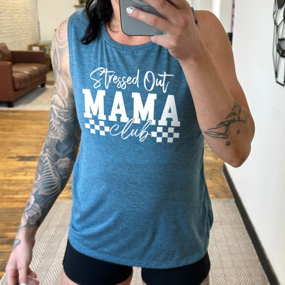 deep teal muscle tank with a graphic on it that says "Stressed Out Mama Club"