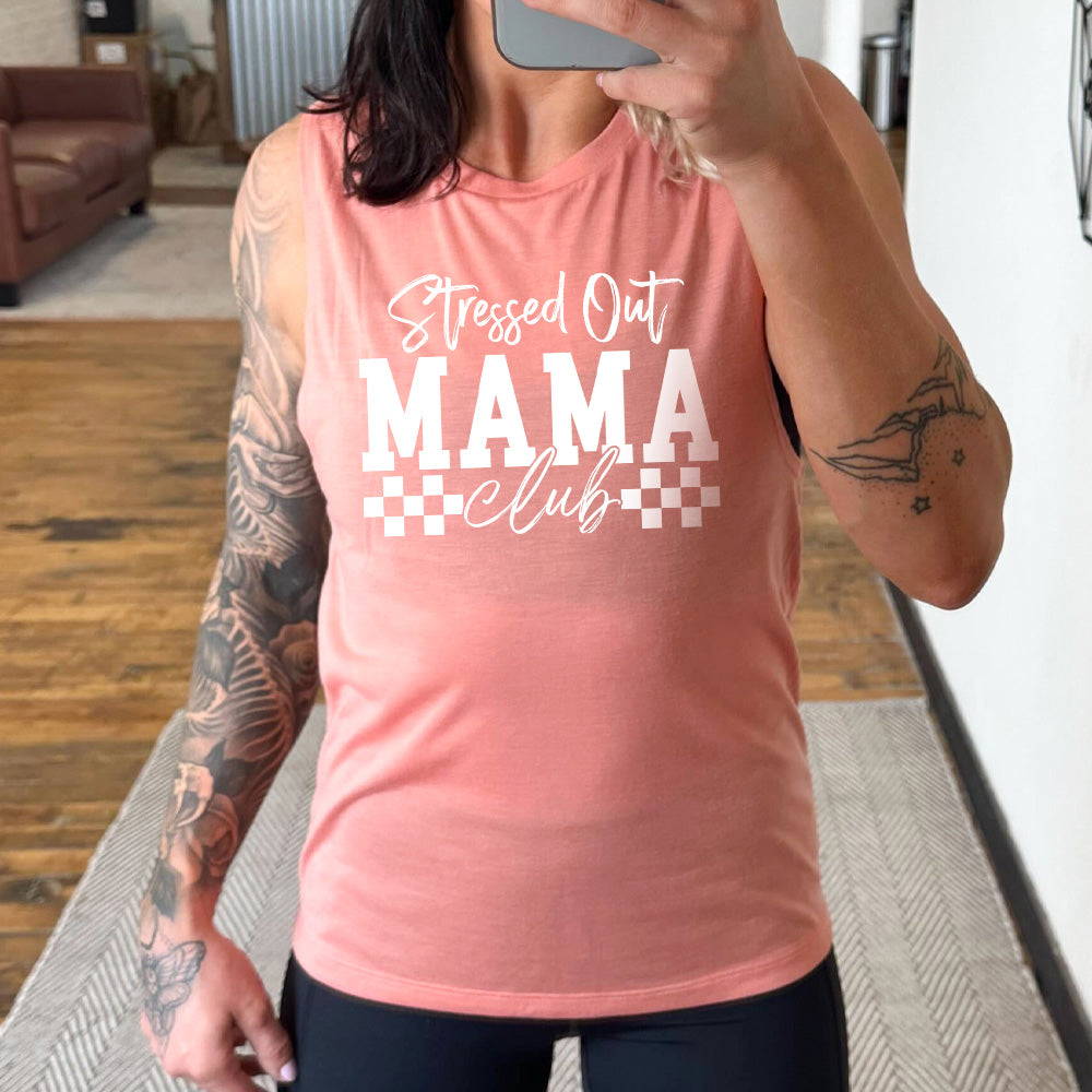 peach muscle tank with a graphic on it that says "Stressed Out Mama Club"