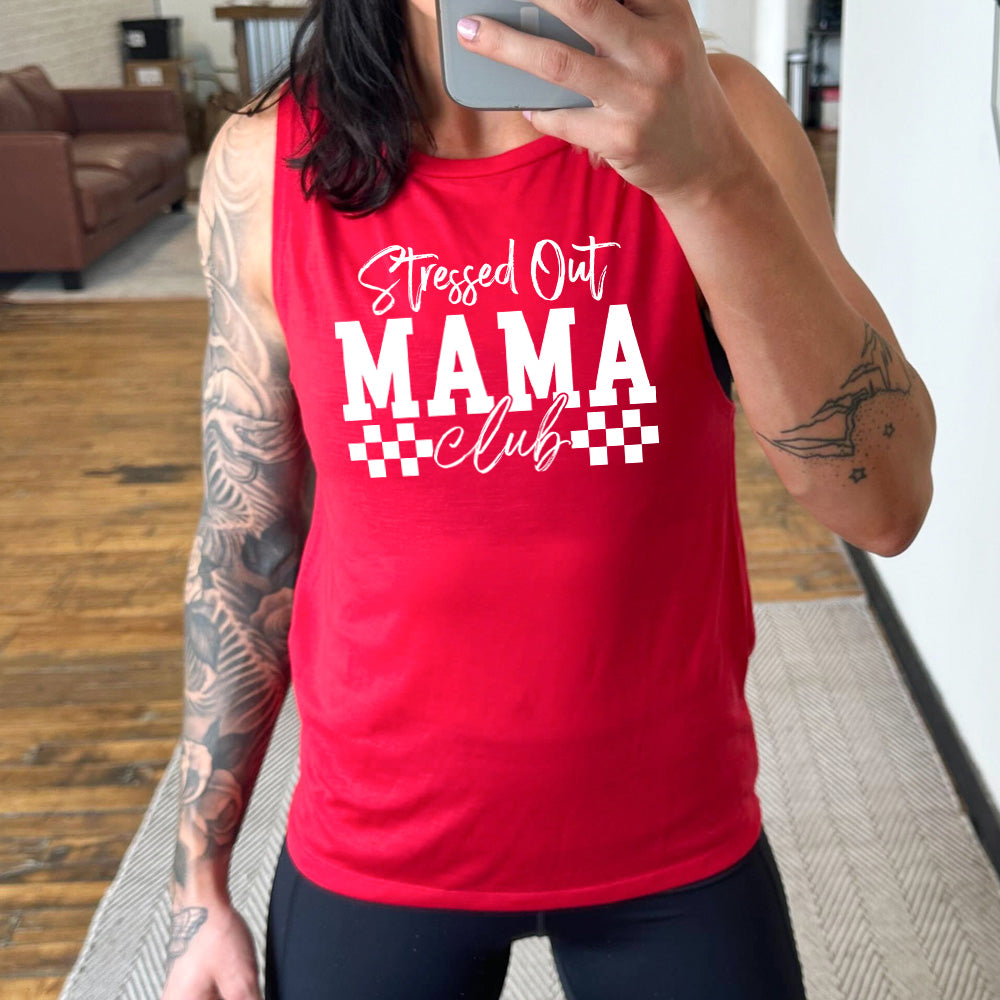 red muscle tank with a graphic on it that says "Stressed Out Mama Club"
