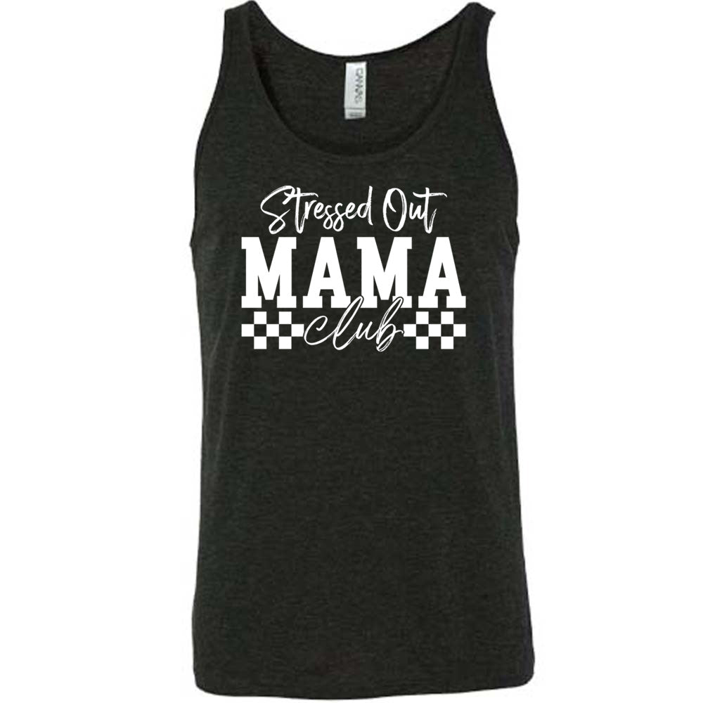 Black colored tank with a graphic on it that says "Stressed Out Mama Club"
