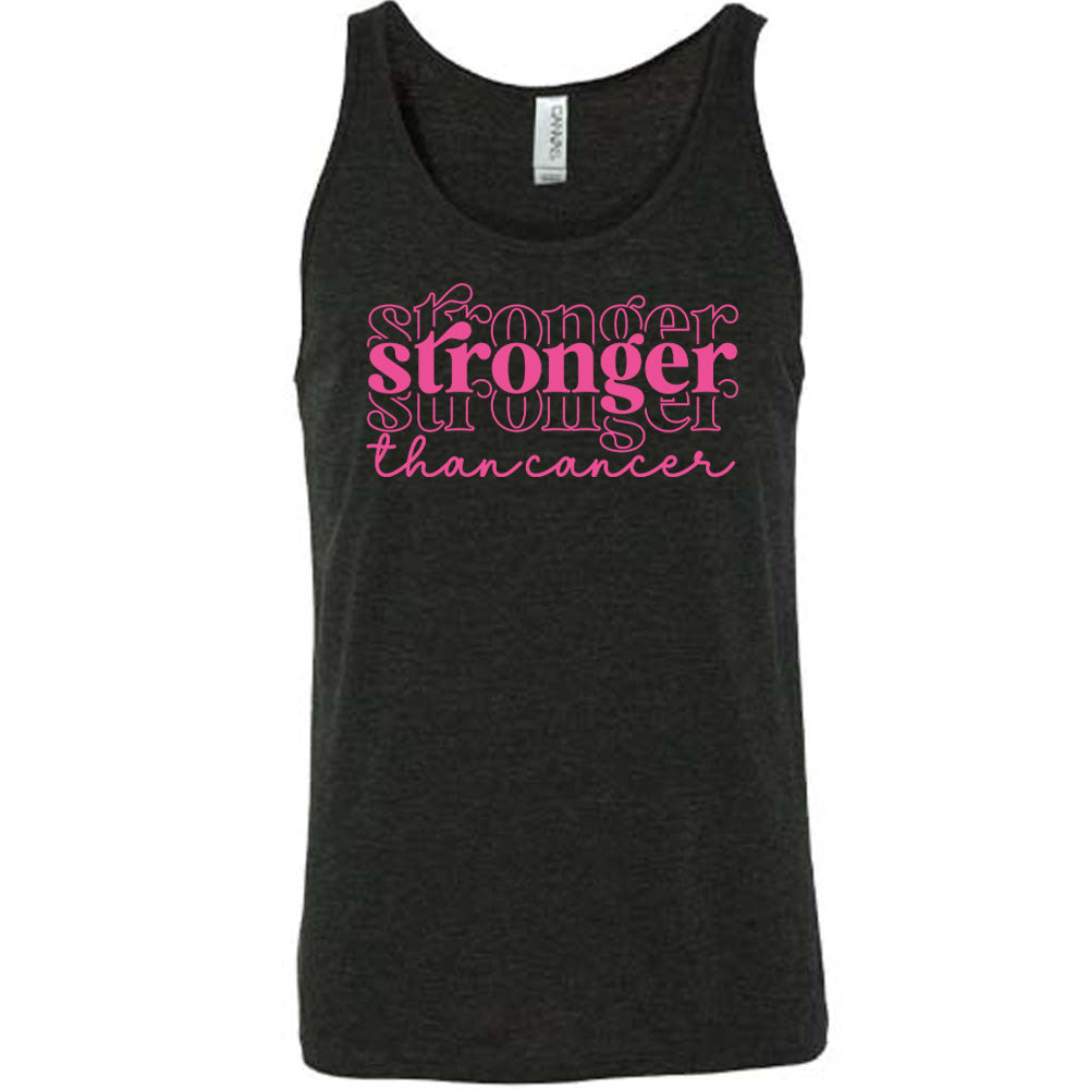 black t-shirt with pink text 'Stronger than cancer' on a white background