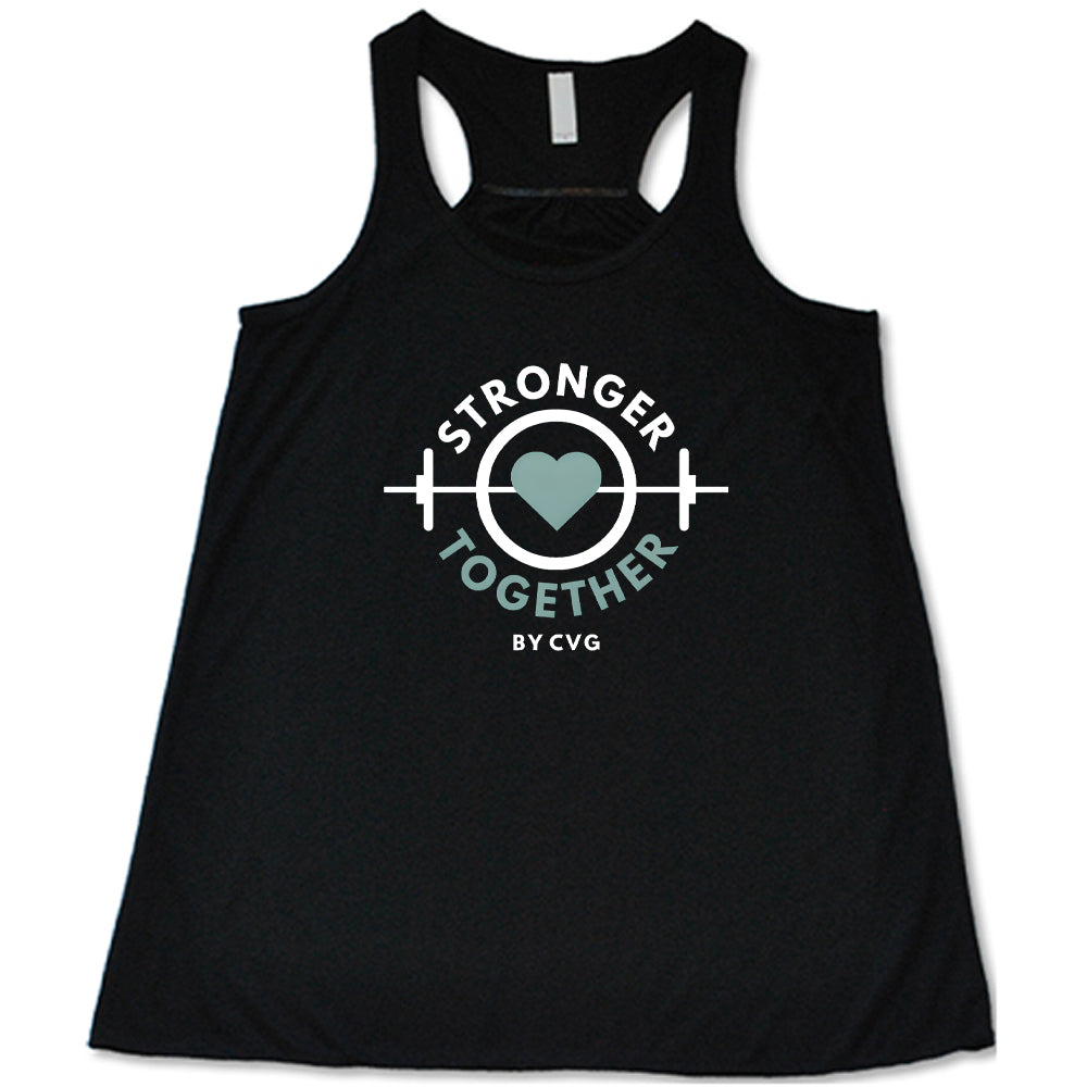 Black tank top with 'Stronger Together by CVG' design on a white background