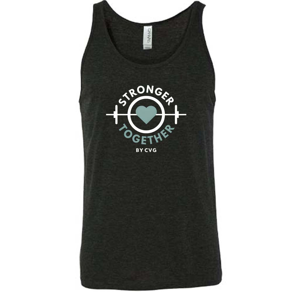 black unisex tank top with 'Stronger Together by CVG' graphic design on a white background