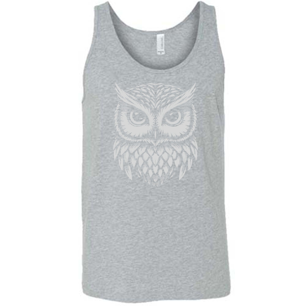 Grey colored tank with stylized owl graphic on it