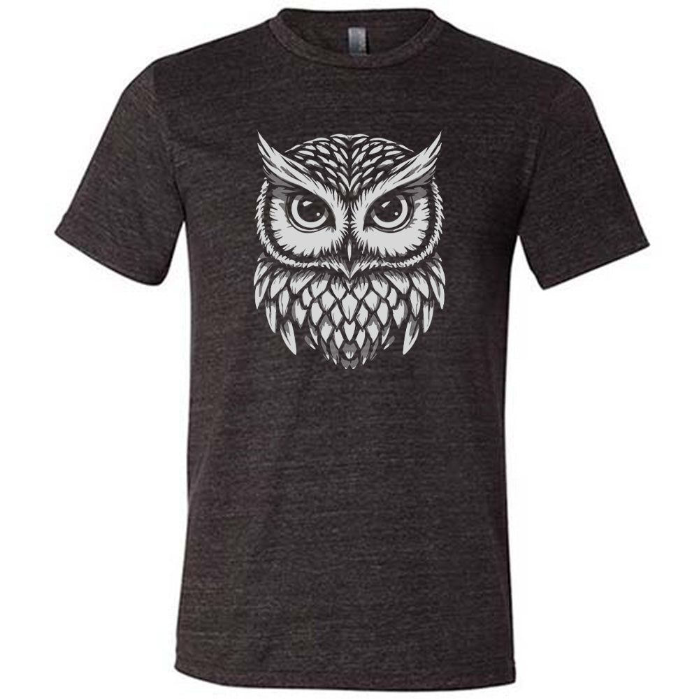 Black colored shirt with stylized owl graphic on it