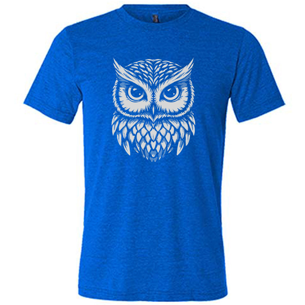 Blue colored shirt with stylized owl graphic on it