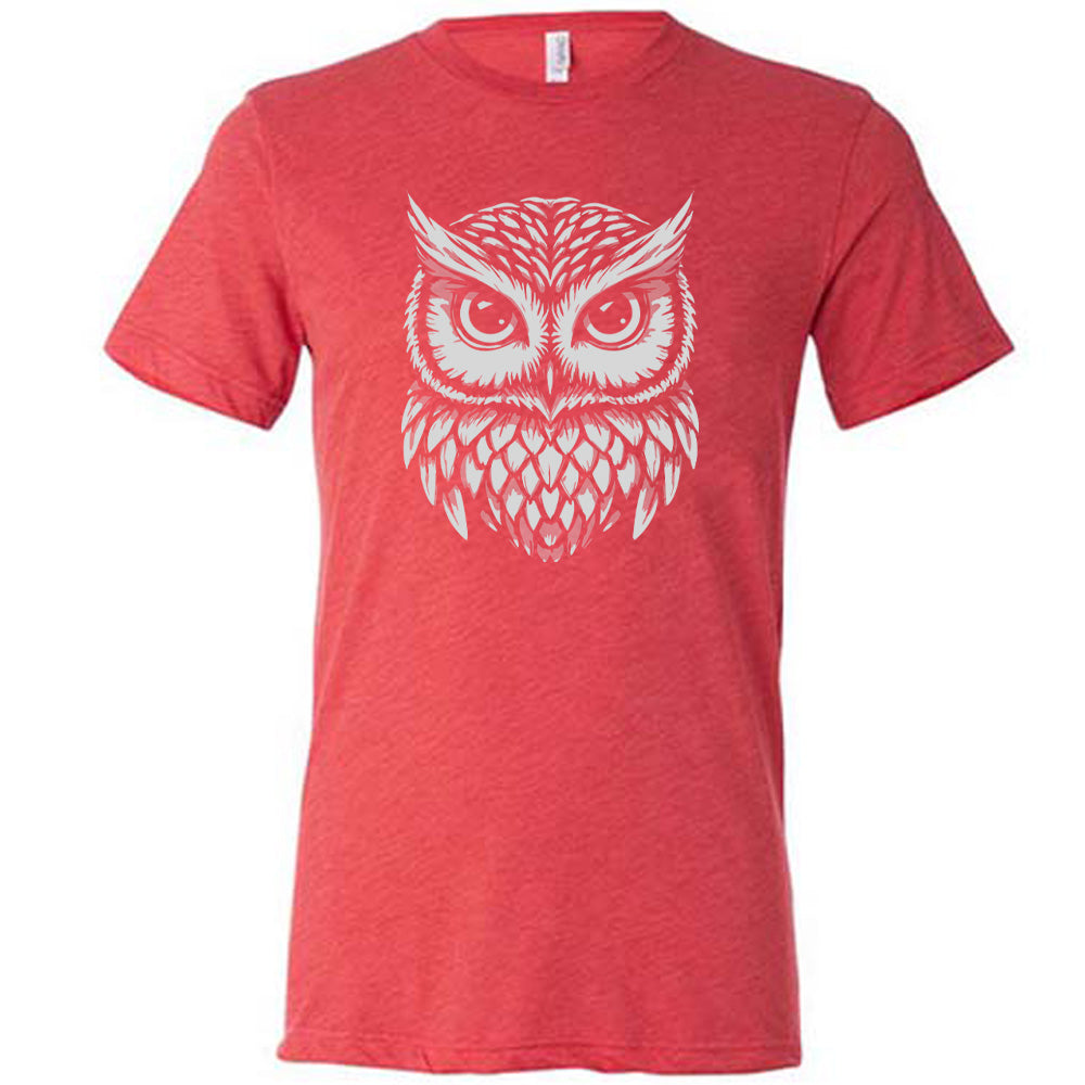 Red colored shirt with stylized owl graphic on it