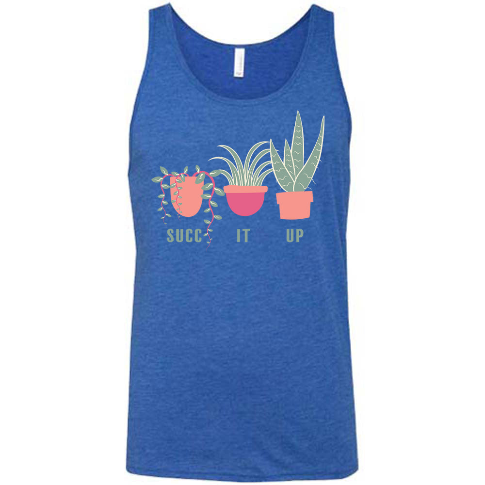 Blue colored tank with potted succulents graphic on it that says "Succ It Up"
