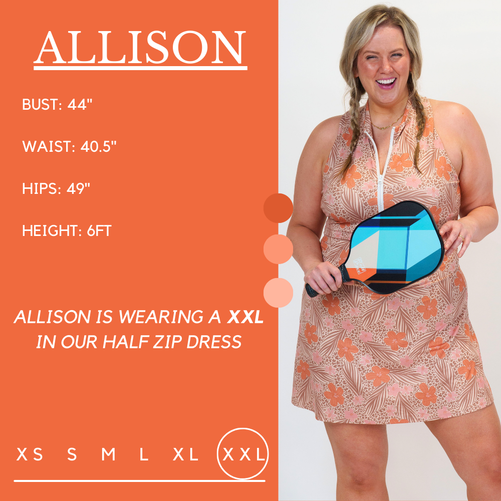 Model's measurements of 44 inch bust, 40.5 inch waist, 49 inch hips, and height of 6 foot. She is wearing a size xx-large in our half zip dress