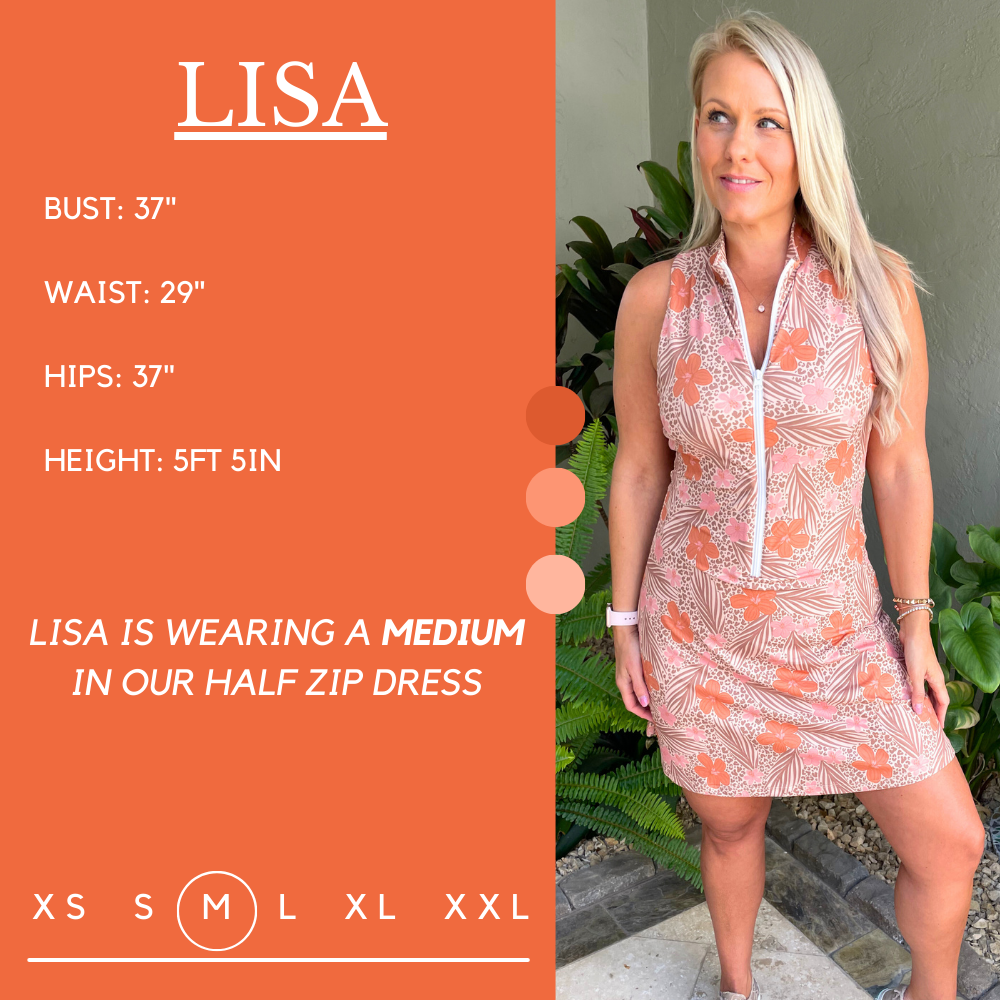 Model’s measurements of 37” bust, 29” waist, 37” hips and height of 5 ft 3 inches. She is wearing a size medium in our half zip dress