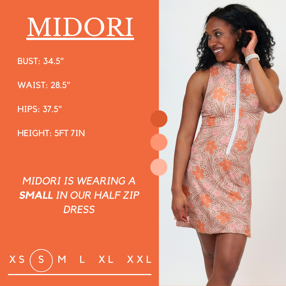Model’s measurements of 34.5” bust, 28.5” waist, 37.5” hips and height of 5 ft 7 inches. She is wearing a size small in our half zip dress