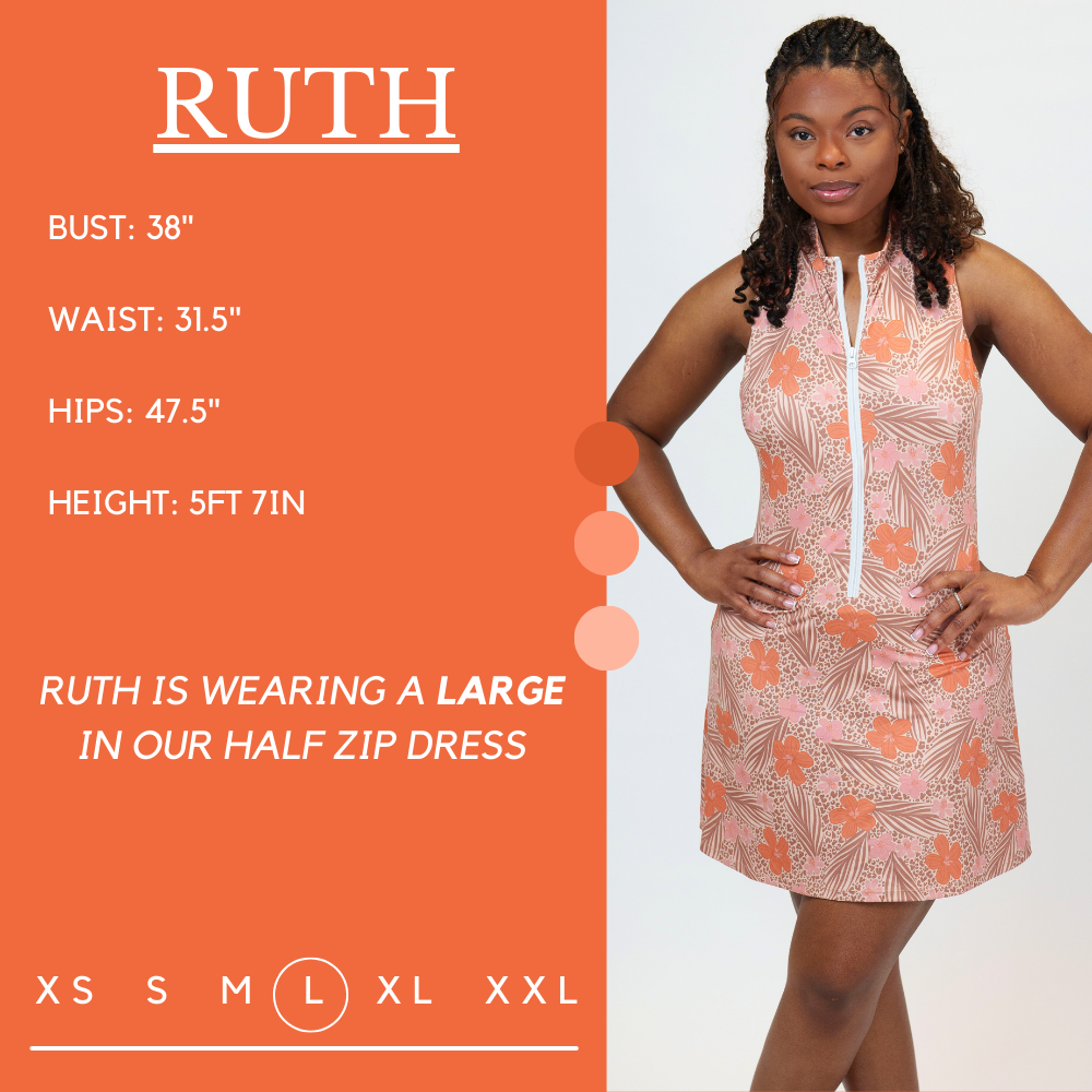 Model’s measurements of 37.5” bust, 31.5” waist, 47.5” hips and height of 5 ft 7 inches. She is wearing a size extra large in our half zip dress