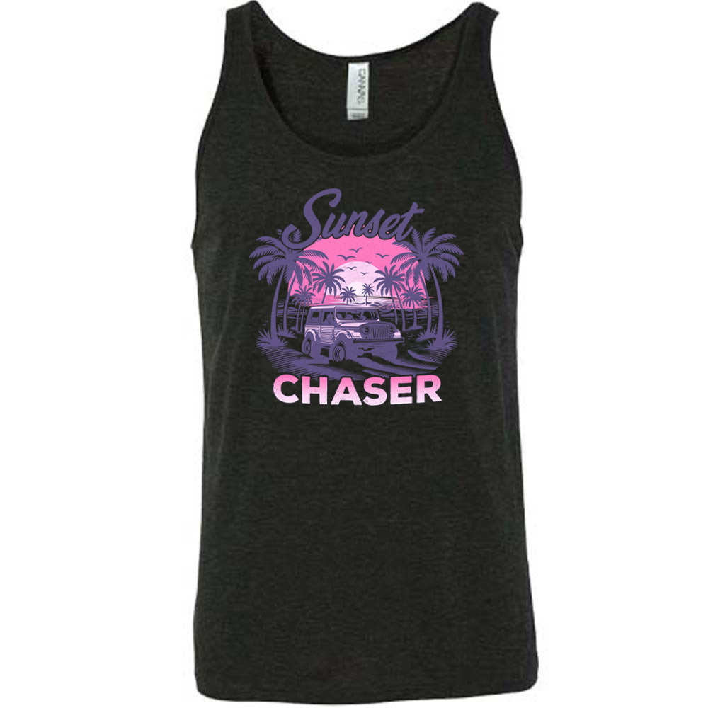 Black colored tank with a vehicle on the beach graphic on it that says "Sunset Chaser"