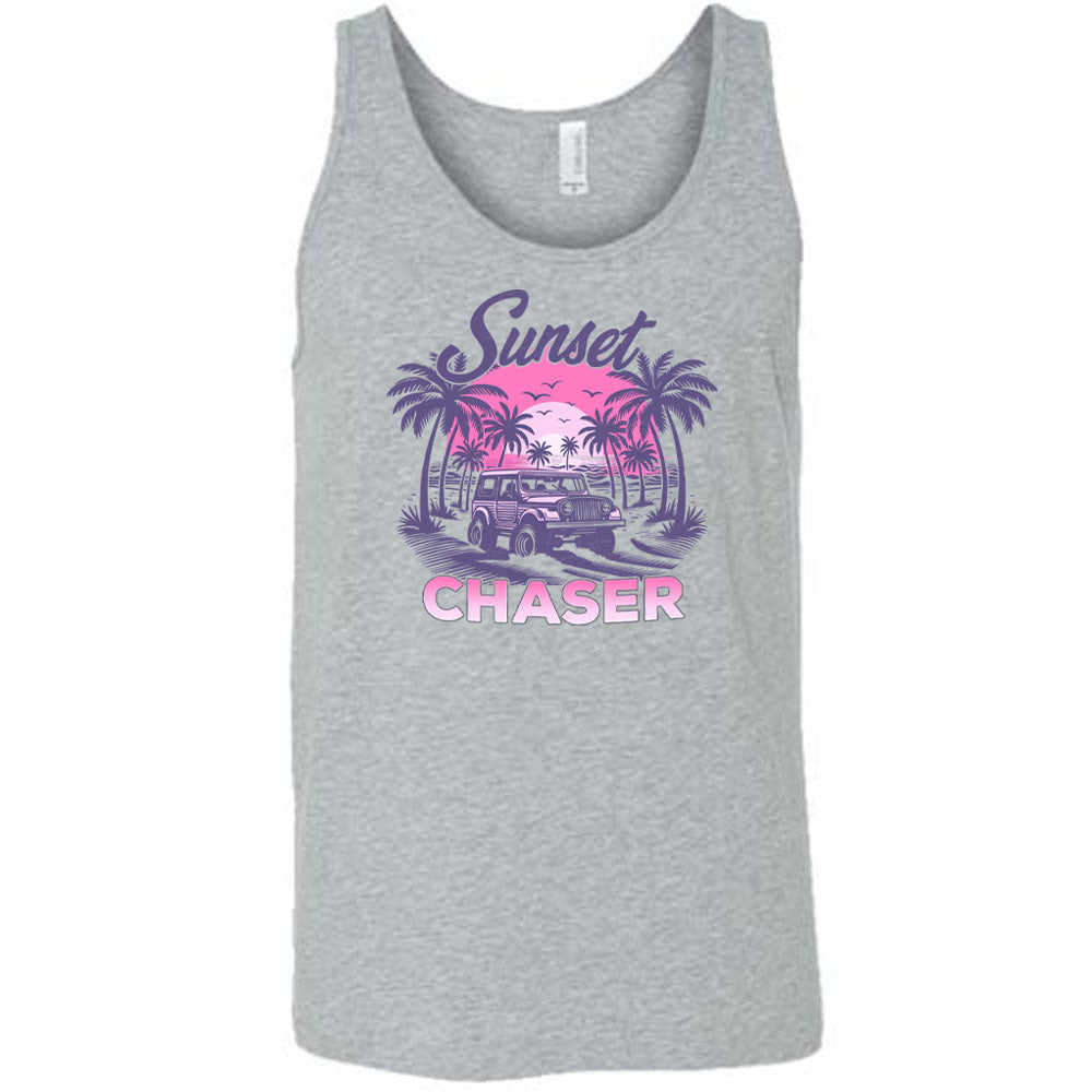 Grey colored tank with a vehicle on the beach graphic on it that says "Sunset Chaser"