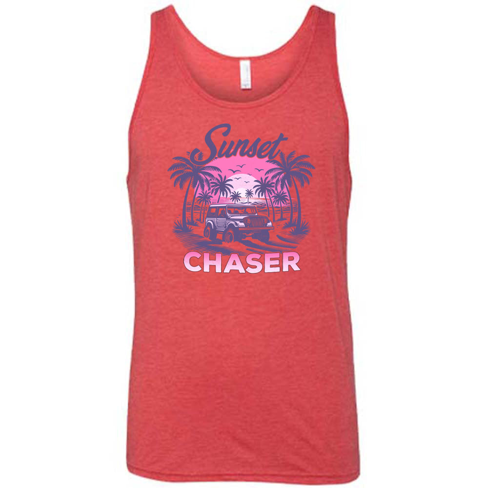 Red colored tank with a vehicle on the beach graphic on it that says "Sunset Chaser"