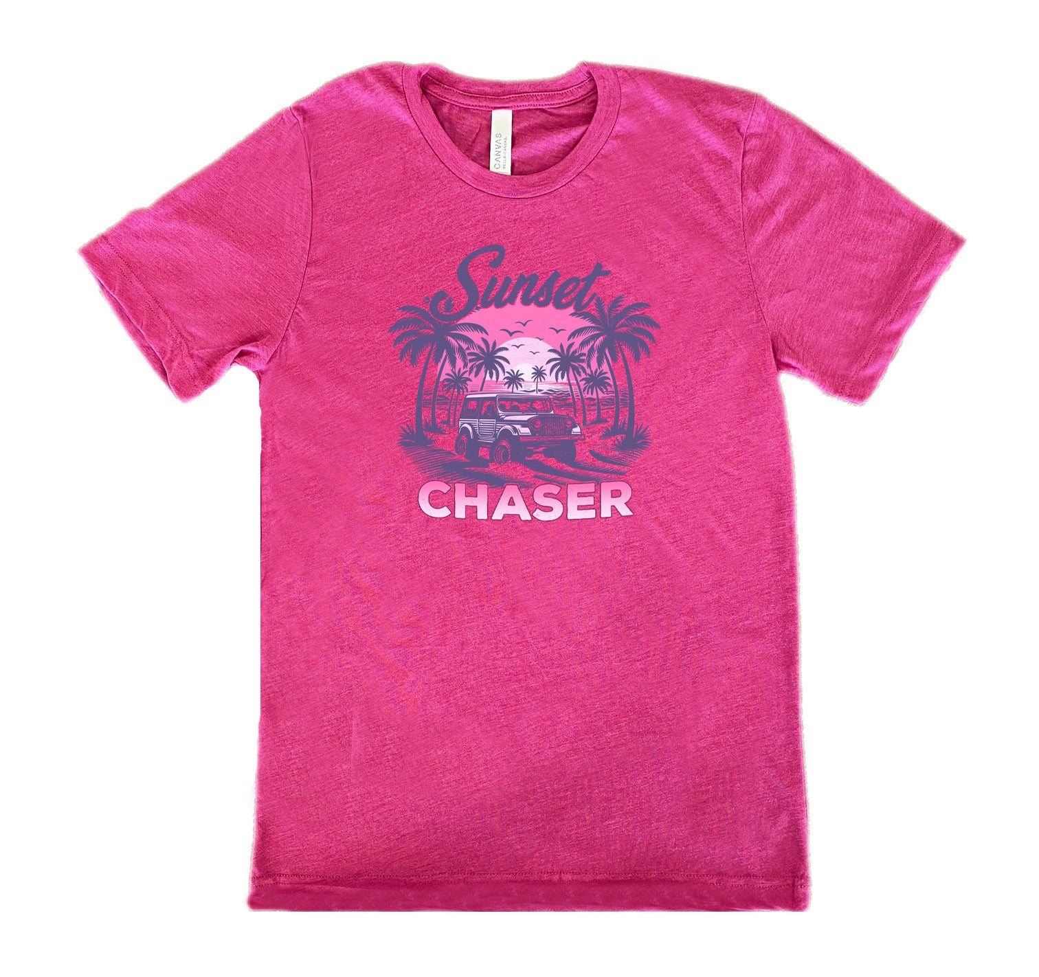 Berry colored shirt with a vehicle on the beach graphic on it that says "Sunset Chaser"