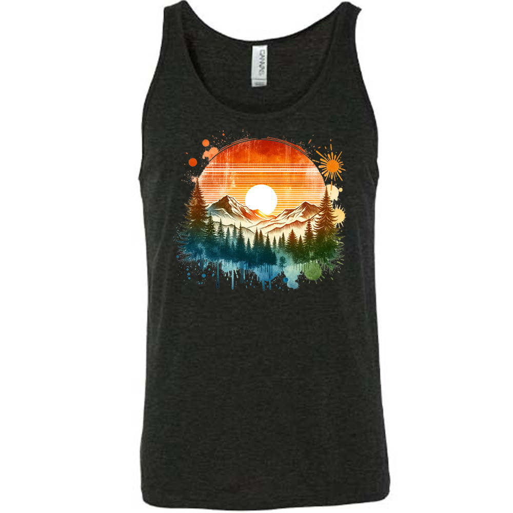 Black colored tank with a sunset-mountain landscape graphic on it