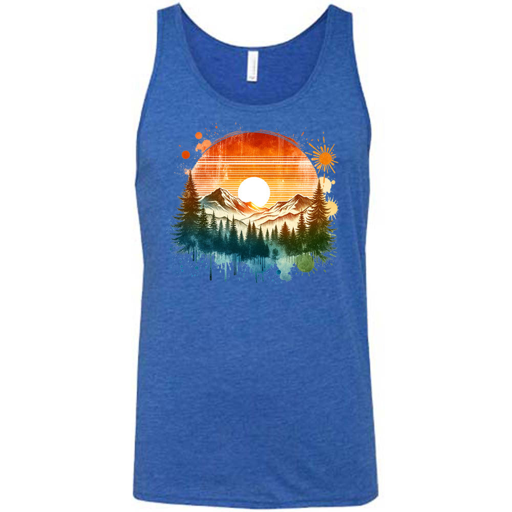Blue colored tank with a sunset-mountain landscape graphic on it