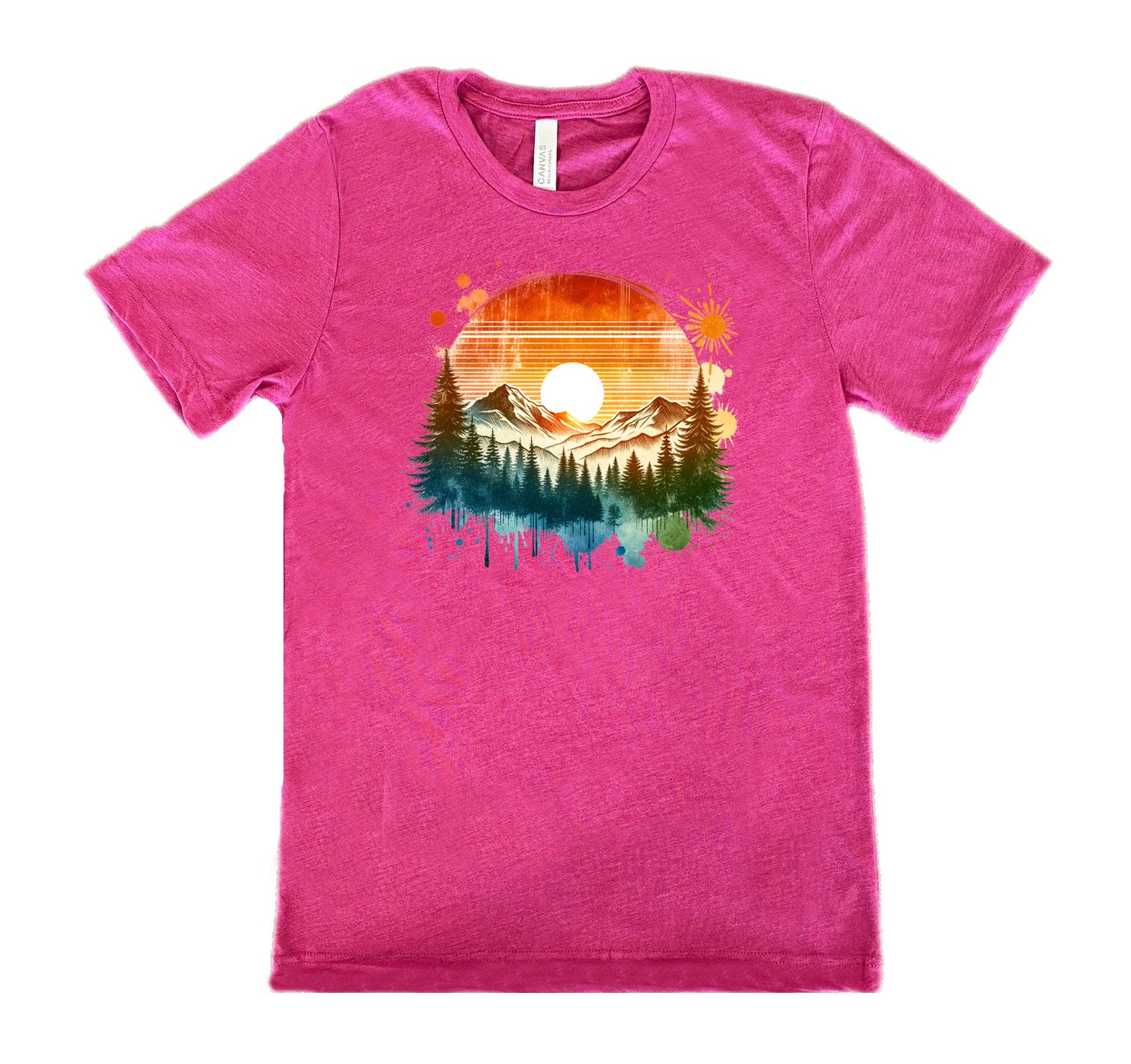 Berry colored shirt with a sunset-mountain landscape graphic on it