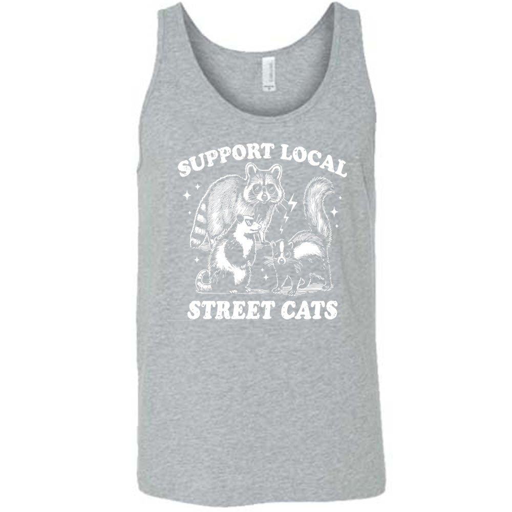 gray unisex tank with the words "support local street cats" and the graphics of a racoon, a skunk, and a possum, all wearing sunglasses, with a few little stars and lightening bolts around