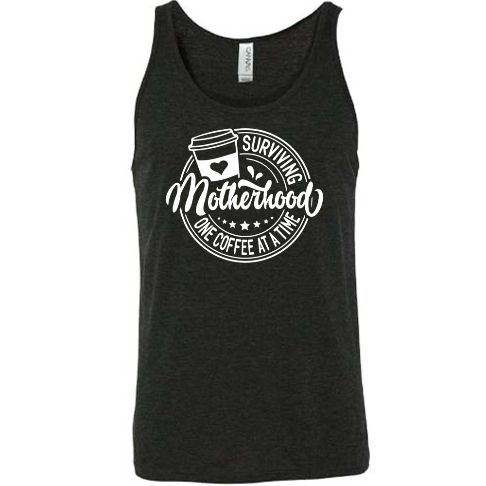 Black colored tank with a coffee cup graphic on it that says "Surviving Motherhood One Coffee at a Time"